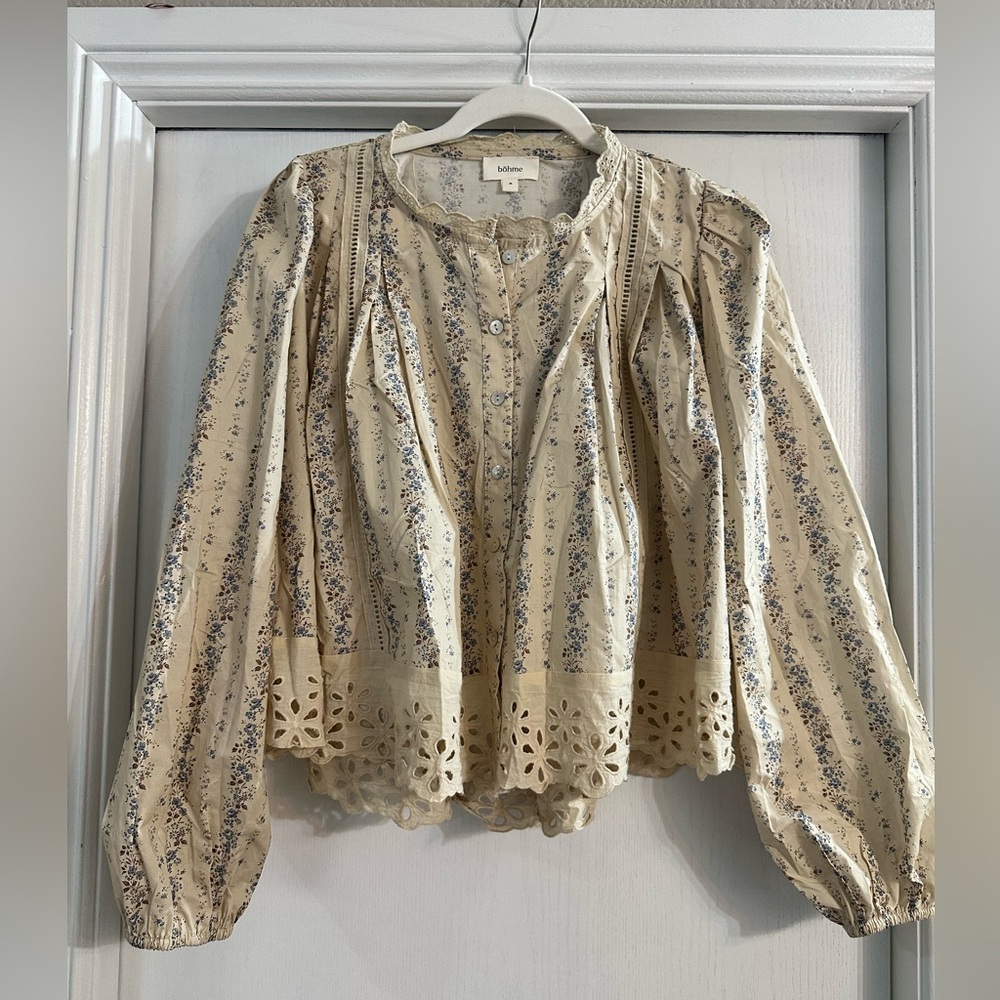 bohme Cream Blouse with Blue Floral Print and Eyelet Hem